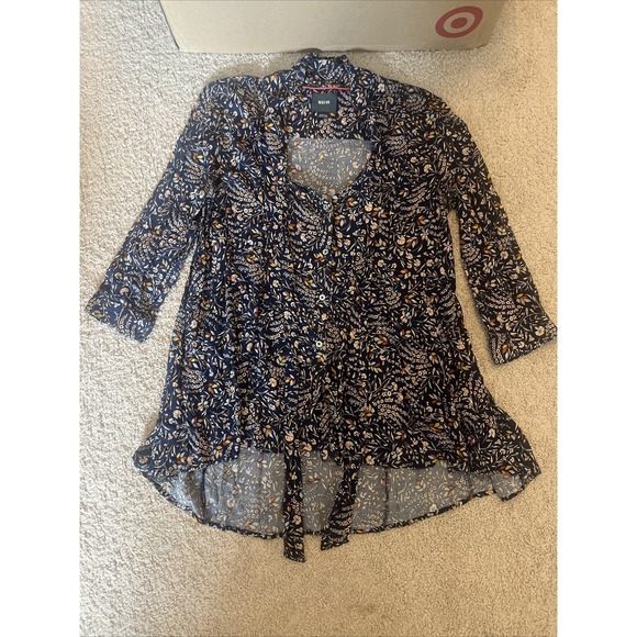 Maeve Tops - Maeve Shirt Womens M Blue Floral Button Up Tie Neck Long Sleeve High Low Blouse